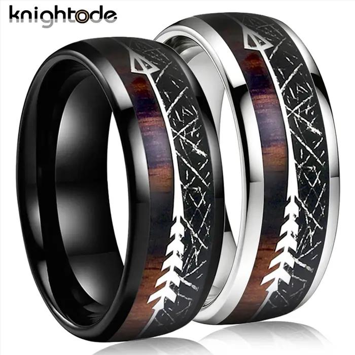 Anneau en carbure de tungstène avec incrustation de Texture Unique en bois de météorite noire/Koa