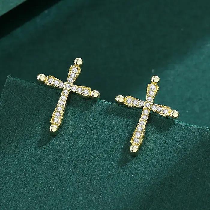 Boucles d'oreille en or 18K avec croix en diamants pour femmes ronde en argent sterling 925 nouvelle collection occasions spéciales