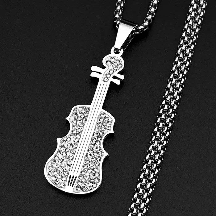 Collier Pendentif Violon Entièrement Orné de Strass pour Femme et Homme, en Acier Inoxydable Doré, B