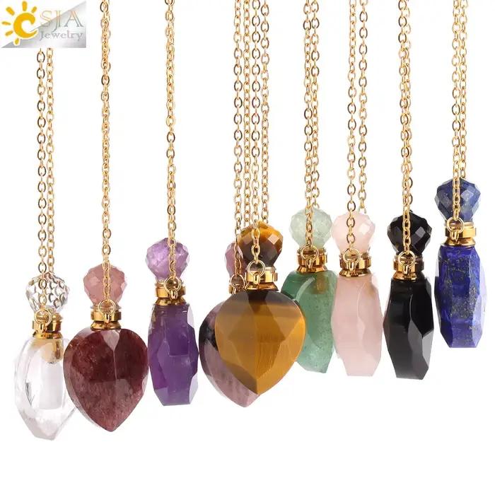 Colliers de la présidence en cristal de bouteille de parfum coeur vintage, pierre précieuse naturelle, pendentif en acier inoxydable, cadeau de la Saint-Valentin, H539