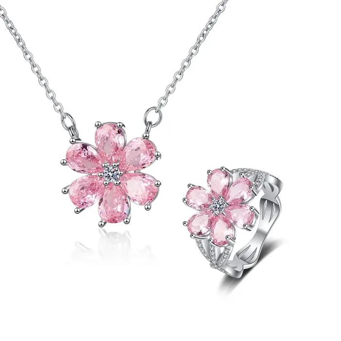 Bague de mariage en argent pour femmes, Bracelets à fleurs roses, boucles d'oreilles, collier, bague