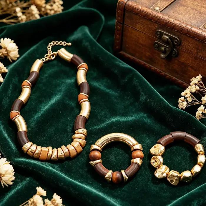 Ensemble de bijoux en bois et or, collier statement et deux bracelets superposables pour femmes, pou
