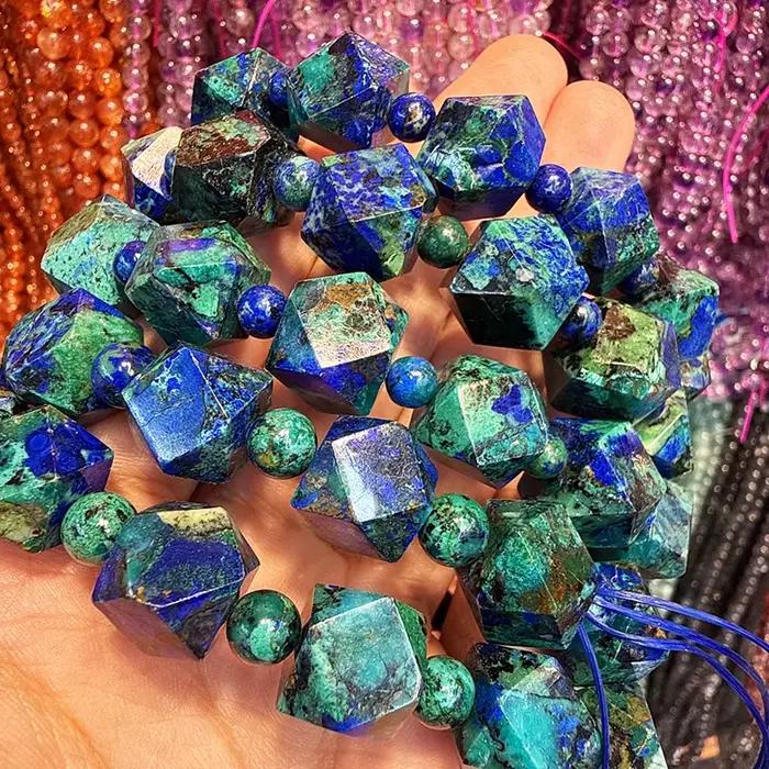 Bracelets et colliers en perles octogonales facettées en azurite bleue naturelle de qualité AAA d'Af