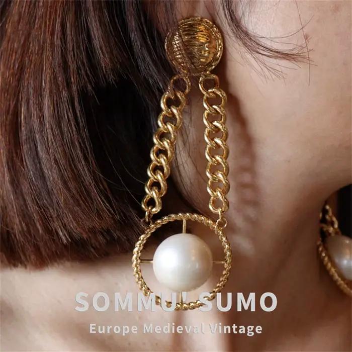 Clips d'oreilles antiques vintage avec franges en strass et longues boucles d'oreilles pendantes, alliage brossé, grandes boucles d'oreilles rondes rétro