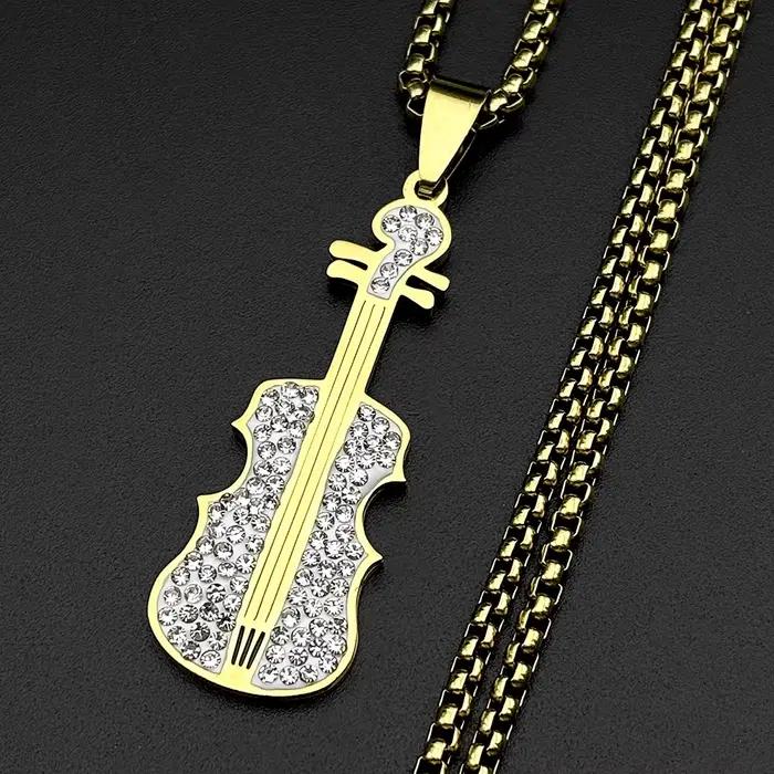 Collier Pendentif Violon Entièrement Orné de Strass pour Femme et Homme, en Acier Inoxydable Doré, Bijou Tendance pour Amateurs de Musique Classique, Cadeau
