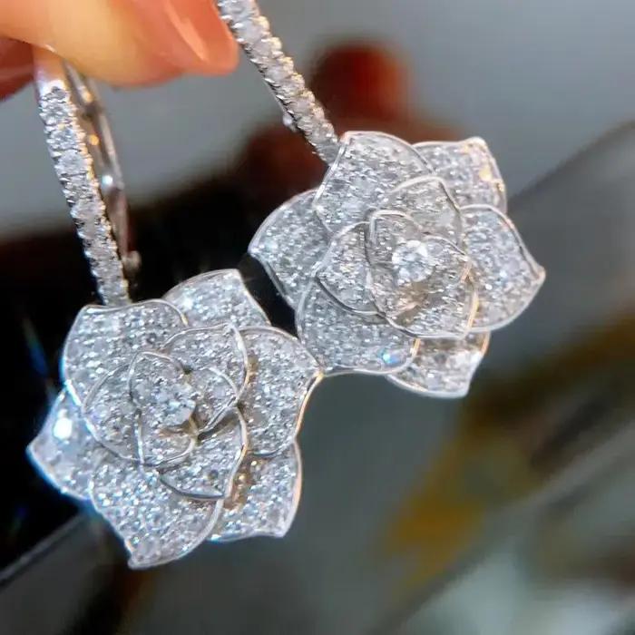 Boucles d'oreilles fleurs en argent 925 pour femmes, bijoux classiques et sophistiqués pour mariage et soirées importantes