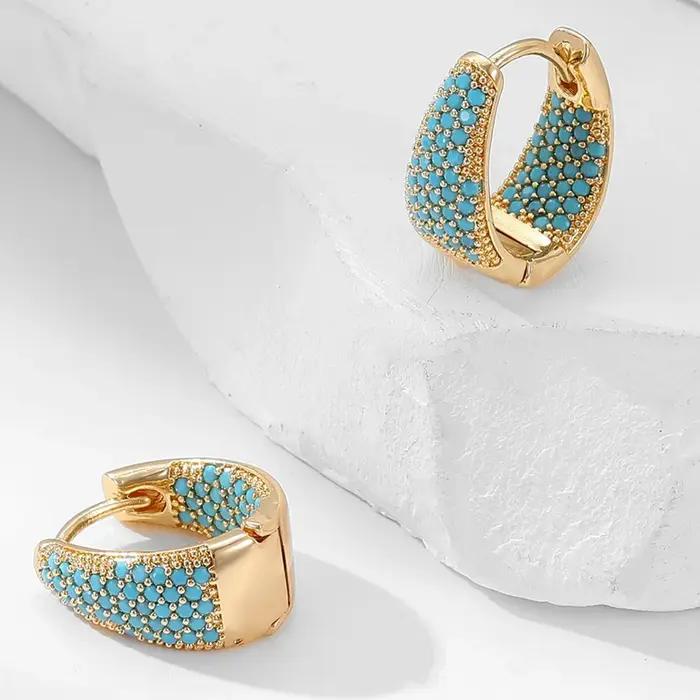 Boucles d'oreilles rondes en métal avec motifs floraux bleu turquoise pour femmes et filles, bijoux de festival, cadeaux ZAKOL