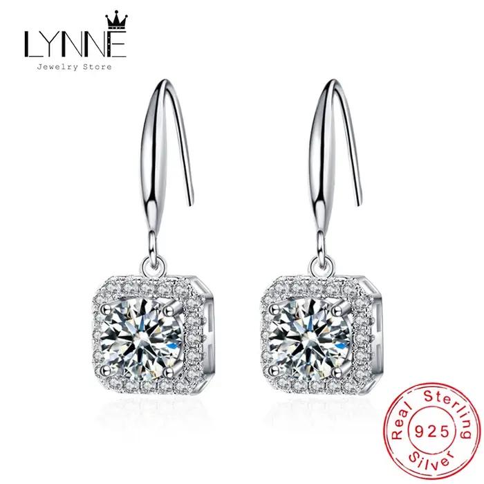 Nouvelle mode Fine 925 en argent Sterling Zircon rond et carré boucles d'oreilles femmes bijoux cadeau cristal luxe pendentif crochet oreille balancent