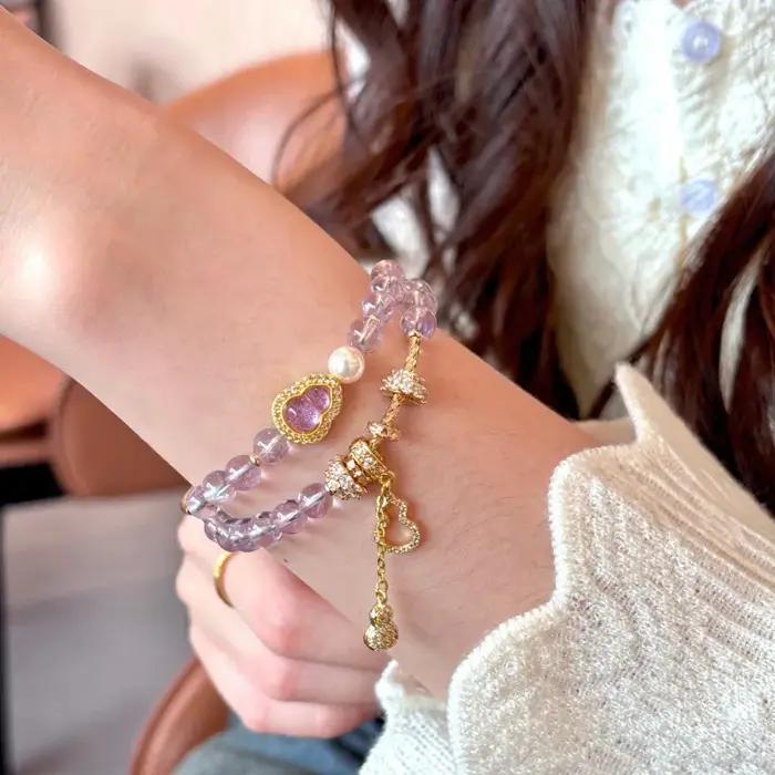 Bracelet Double Cercle en Cristal Rose Naturel et Améthyste