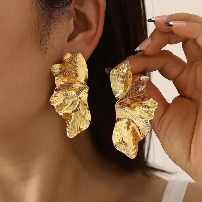 Boucles d'oreilles dorées en acier inoxydable pour femmes, Double couche, fleur à cinq pétales, Vintage, rayures, fleur, bijoux cadeaux
