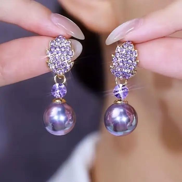 Boucles d'oreilles de luxe pour femmes, romantique, violet brillant, feuilles de Zircon, pendentif en perles, bijoux de charme de mariée de mariage