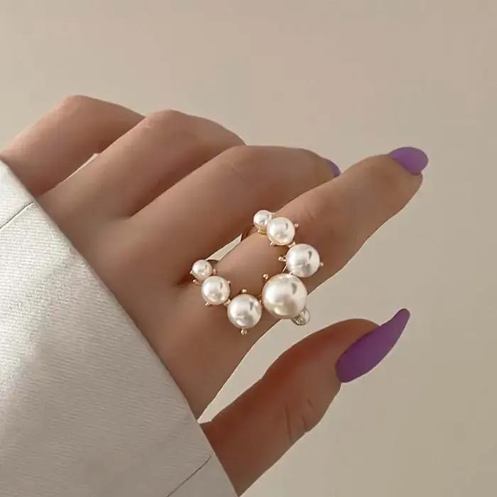 Bagues Vintage en perles blanches Double couche pour femmes