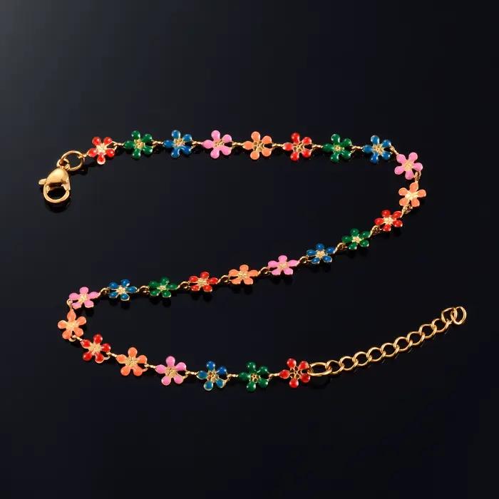 Bracelet de fleur en acier inoxydable pour femme, bohème coloré, bracelet de pied de rinçage, bracelet de main, bijoux en métal, bracelet de cheville de plage d'été
