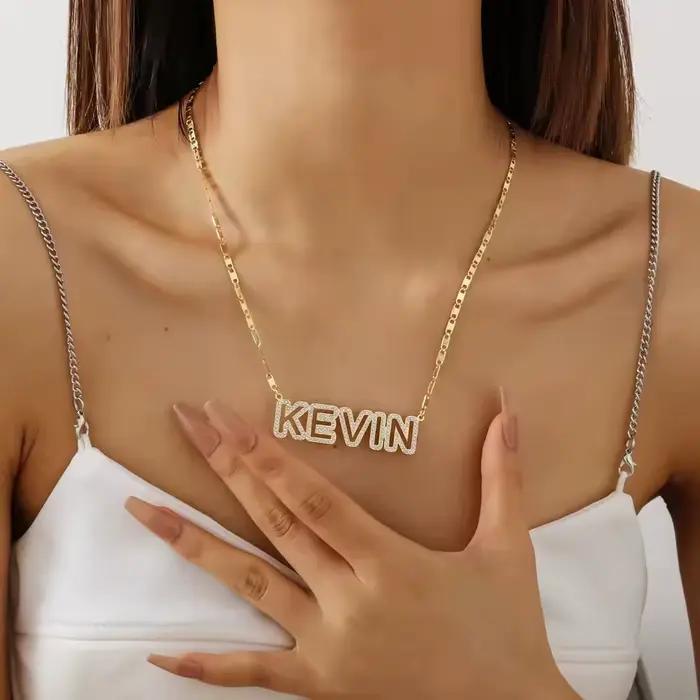 Collier personnalisé avec nom en pierre scintillante en or, bijoux en acier inoxydable, cadeau à la