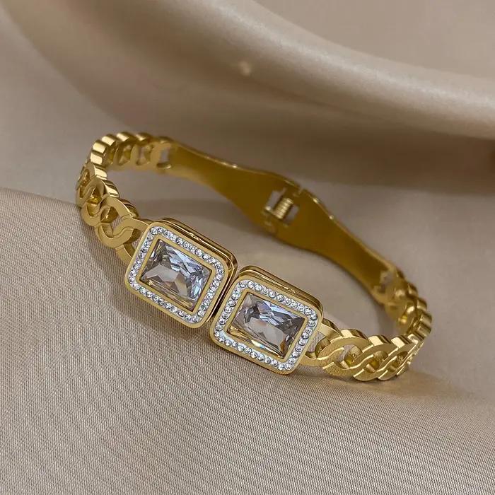 DODOHAO grand carré cristal à la mode élégant Zircon Bracelet en acier inoxydable couleur or argent luxe haut de gamme