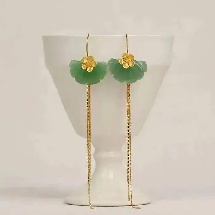 GEEZENCA Aventurine feuille de Ginkgo 925 argent fleur longue gland balancent boucles d'oreilles femmes délicat à la mode déclaration boucle d'oreille cadeau
