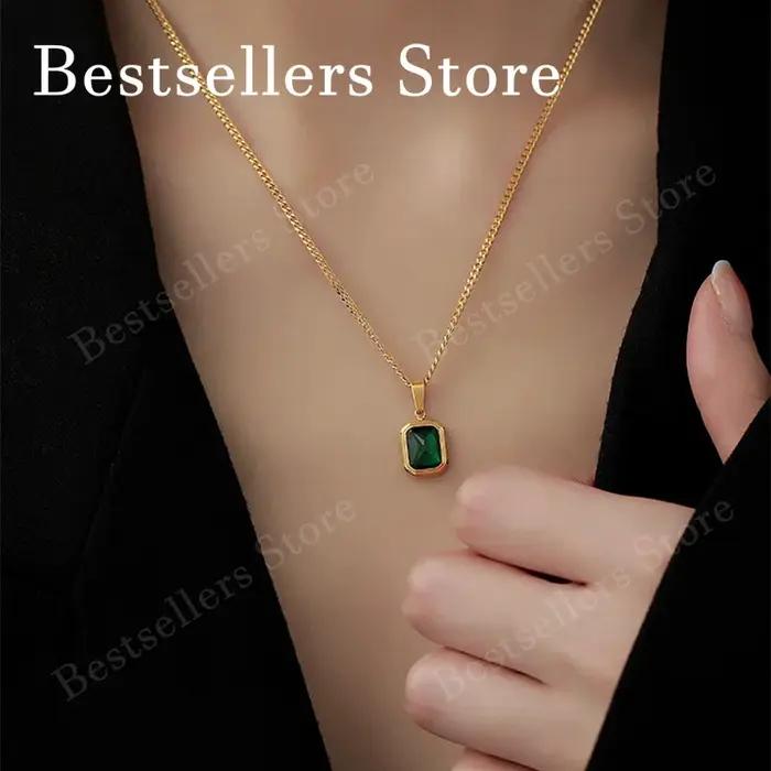 Collier à breloques en argent sterling 925 de 18 pouces avec émeraude et zircon – Bijou élégant