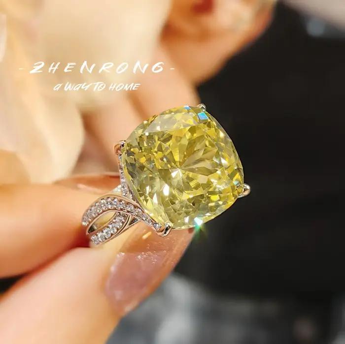 Bague de fiançailles en argent sterling 925 avec diamant jaune luxueux taillé en glace pour femme, a