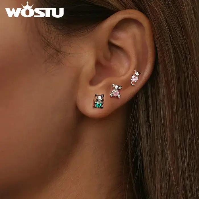 WOSTU 925 en argent Sterling belles boucles d'oreilles Panda avec coeur vert cristal ours rose boucle d'oreille de fête fille anniversaire bijoux cadeau