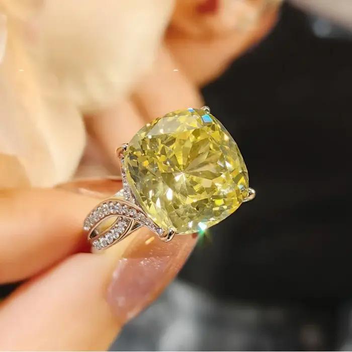 Bague de fiançailles en argent sterling 925 avec diamant jaune luxueux taillé en glace pour femme