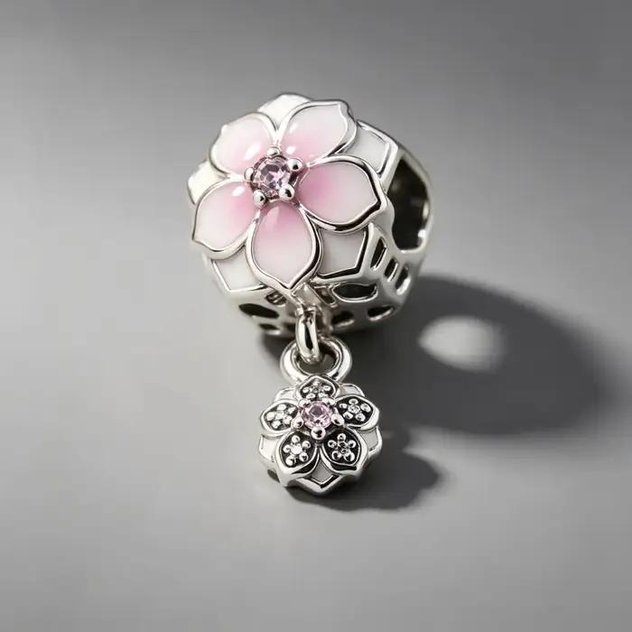 Breloque Fleur Rose en Argent 925 pour Bracelet