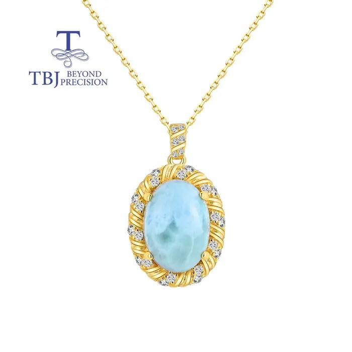 Véritable pierre précieuse naturelle bleu Larimar grand pendentif en pierres précieuses collier 925 bijoux fins en argent pour les cadeaux d'anniversaire et de vacances des femmes
