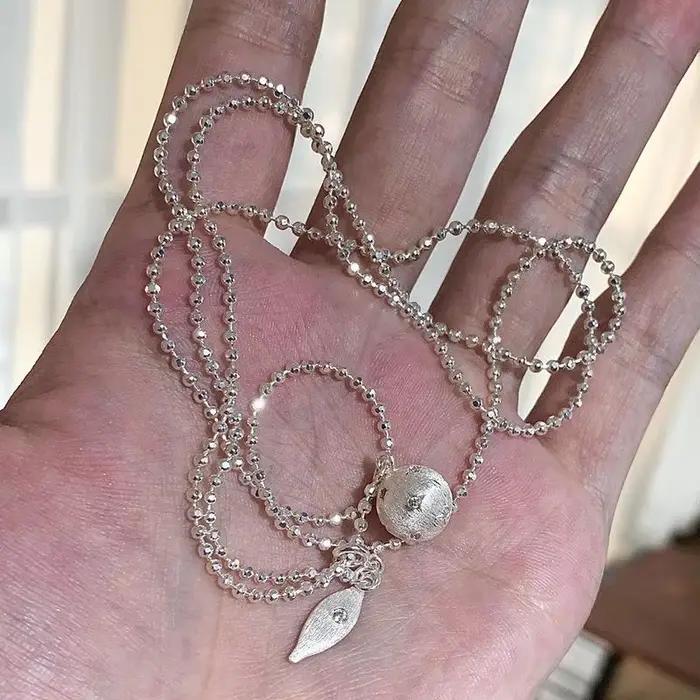 Chaîne de pull boule ronde en argent 925 étincelant, collier de perles étoile brossée scintillante p