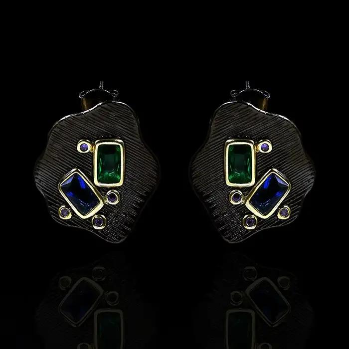 Boucles d'oreilles de luxe en argent sterling 925 avec pierres précieuses géométriques émeraudes, st