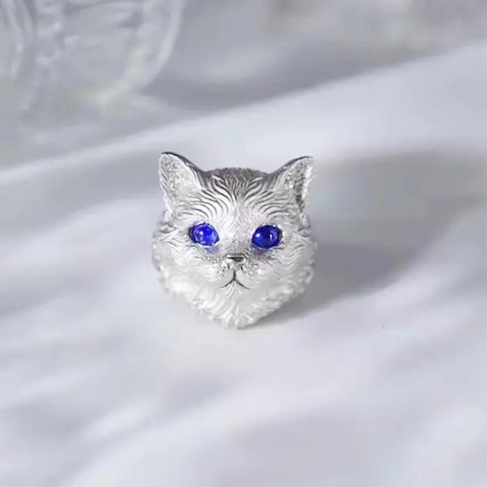 Bagues en forme de chat en relief camée pour femmes, design original à la mode, en argent 925, avec yeux bleus mignons, bijoux de banquet réglables