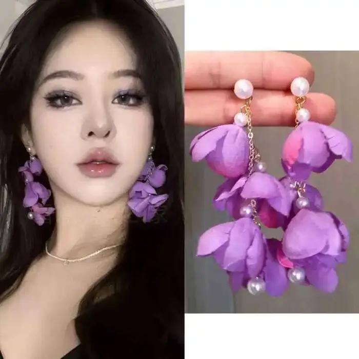 Boucles d'oreilles à clip longues en perles de fleurs violettes, ambiance vacances, style plage, fraîches et douces pour femmes, occasions spéciales et tous les jours