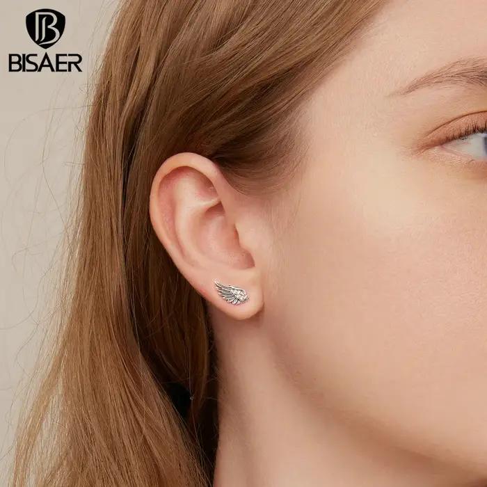BISAER 925 en argent Sterling Vintage aile d'ange boucles d'oreilles scintillant Zircon boucle d'oreille pour les femmes Couples fête bijoux fins cadeau