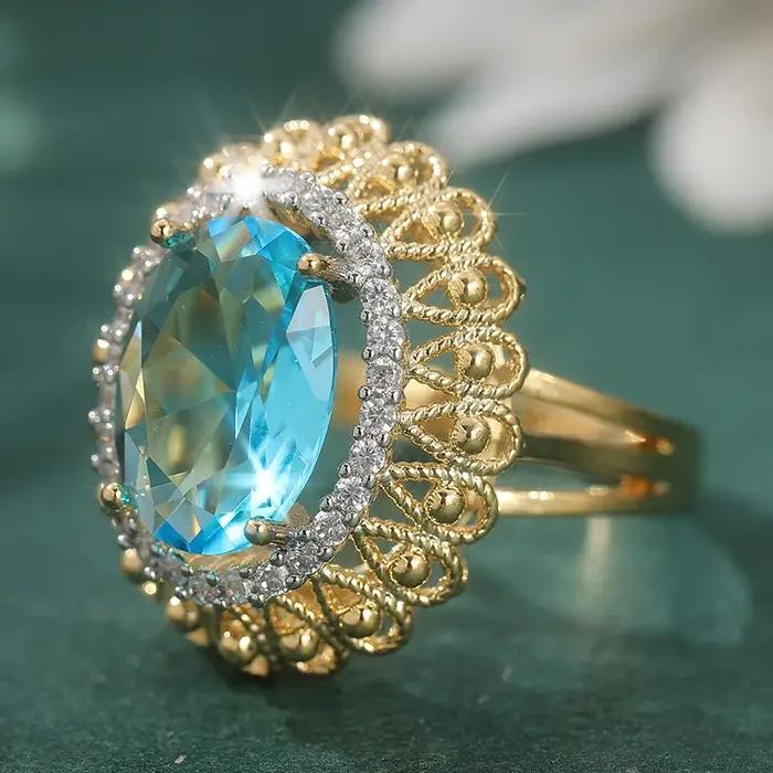 Bague ovale scintillante de luxe en zircone synthétique bleue pour femme