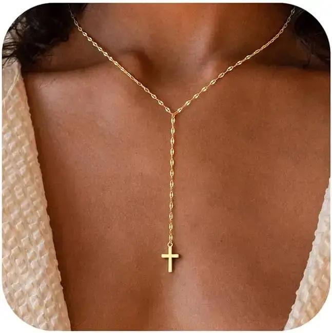 Collier croix Lariat en or véritable 14 carats pour femmes, long pendentif croix superposée en forme de Y, bijoux de baptême religieux et chrétien pour femmes occasions spéciales