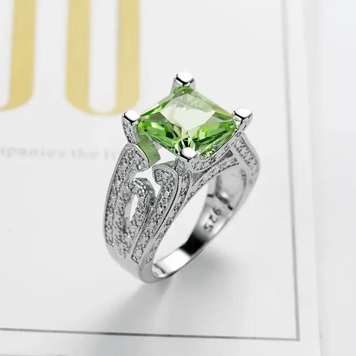 Bague de mariage de luxe pour femme, grand cristal vert, couleur argent, Zircon, carré, bijoux, cadeau pour petite amie