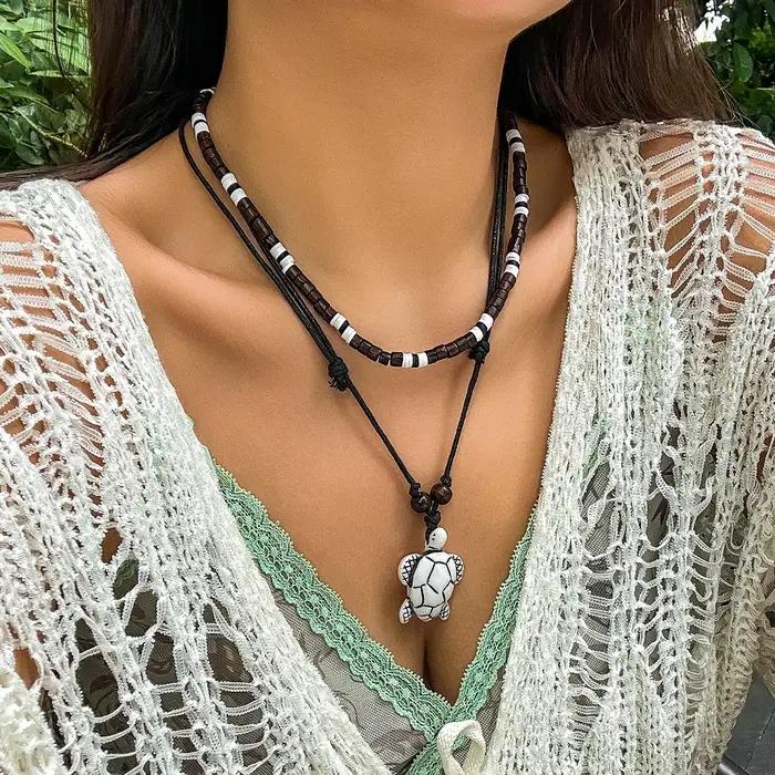 Chaîne de corde et de perles Vintage avec pendentif tortue pour femmes