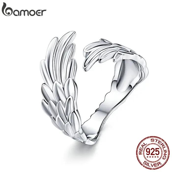 Bamoer 925 en argent Sterling ailes de gardien anneau ouvert aile d'ange réglable bague pour les femmes mode déclaration bijoux SCR512
