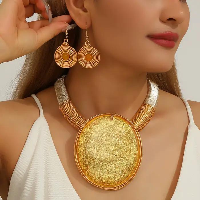 Ensemble de bijoux de déclaration en résine ronde géométrique, grandes pierres précieuses, fil d'alu