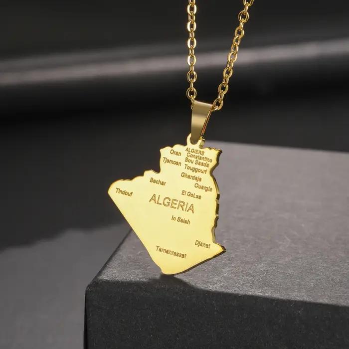 Kkjoy mode acier inoxydable couleur or carte d'ALGERIA pendentif collier pour femmes hommes