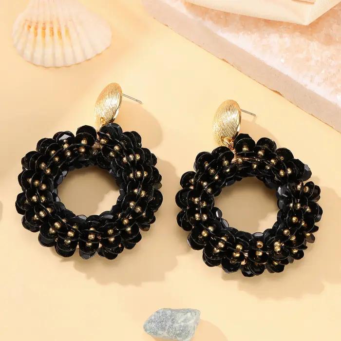 INKDEW paillettes à la main boucles d'oreilles rondes pour les femmes filetage grandes longues