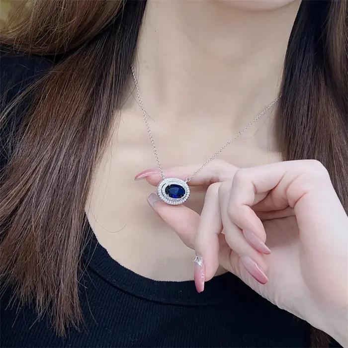 Collier avec pendentif en saphir pour femmes, en argent 925, de haute qualité, pierre précieuse bleue légère et luxueuse, chaîne ovale, bijoux de banquet, nouvelle collection