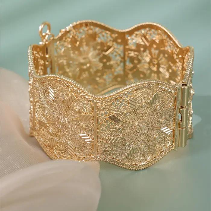 Bracelets de mariée algérie en métal pour femmes, manchette ouverte à fleurs creuses, accessoires ca