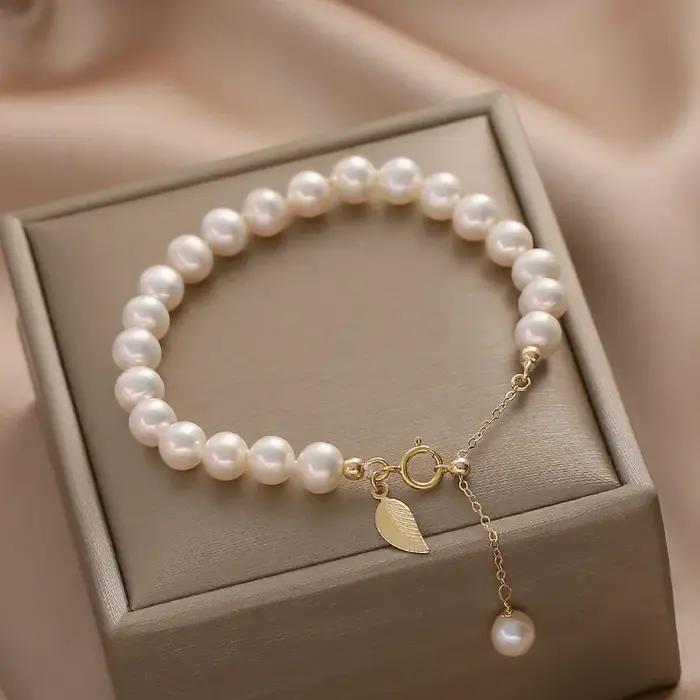 Bracelets en perles d'eau douce semi-rondes élégants avec placage or jaune clair pour femmes et filles occasions spéciales tracker de fitness