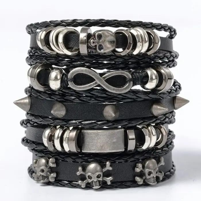 Ensemble de bracelets tressés de style punk 5 pièces en cuir et alliage de zinc violet pour homme et femme occasions spéciales