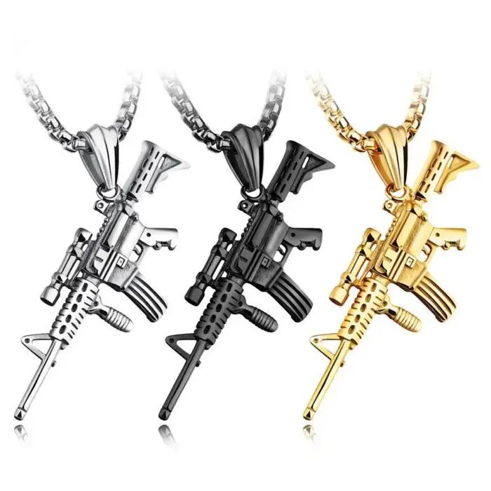 Hip Hop raffiné élégant glacé or argent couleur alliage M4 pistolet pendentifs collier pour hommes rappeur bijoux