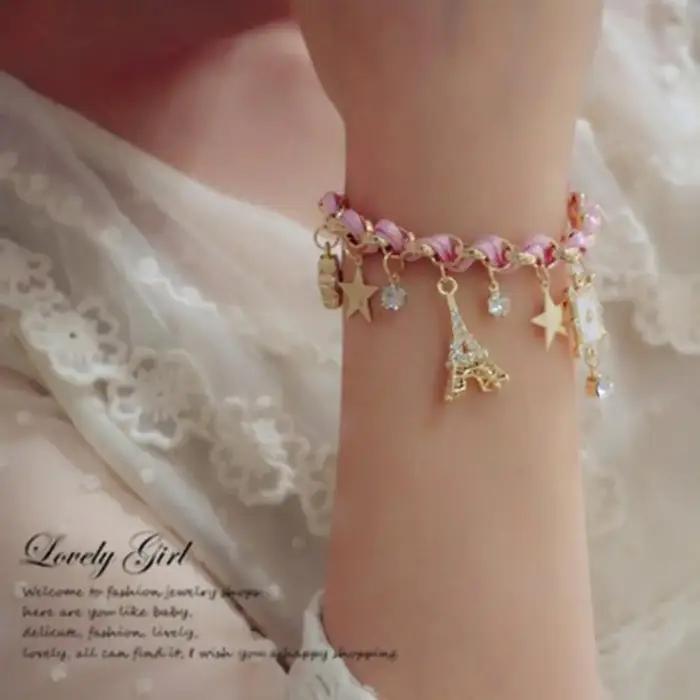 Nouvelle arrivée femmes fleurs Bracelet chaîne étoile coeur Paris tour Eiffel couronne Poker mignon