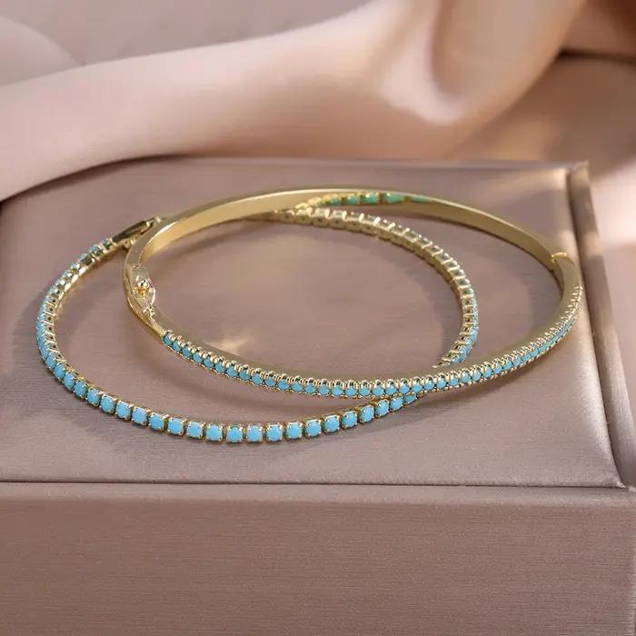 ZAKOL 2 pièces/ensemble nouveau Turquoise brillant Zircon Tennis Bracelet ensemble pour les femmes mode bleu pierre de mariage bijoux accessoires