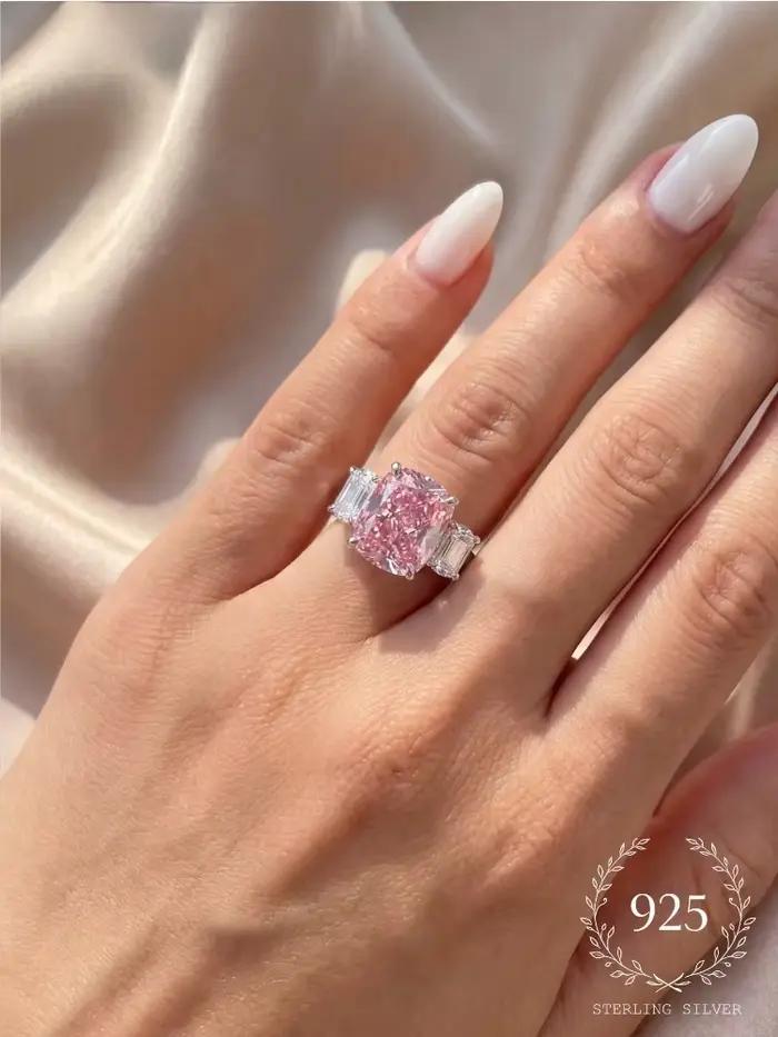 Bague rectangulaire rose à quatre griffes en argent Sterling 925