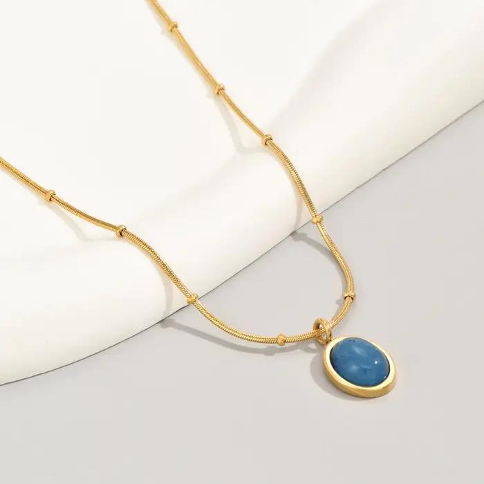 L280 Collier aigue-marine ovale bleu en acier inoxydable plaqué or 18 carats