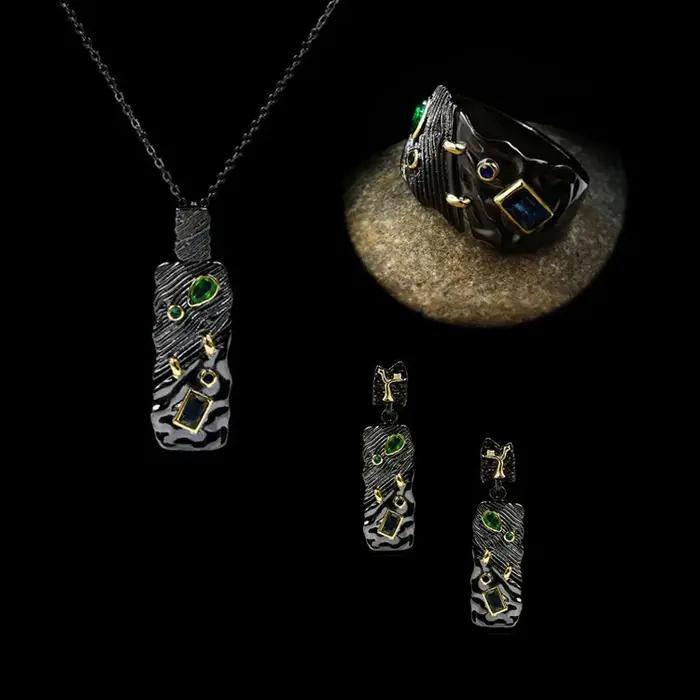 Bijoux créatifs en or noir pour femme, bague en relief, pierre de document noire, collier de style e
