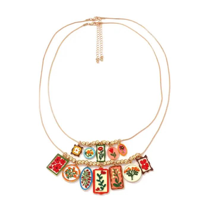 Collier pendentif géométrique en émail coloré avec motif floral pour femmes bijoux de soirée cadeaux occasions spéciales